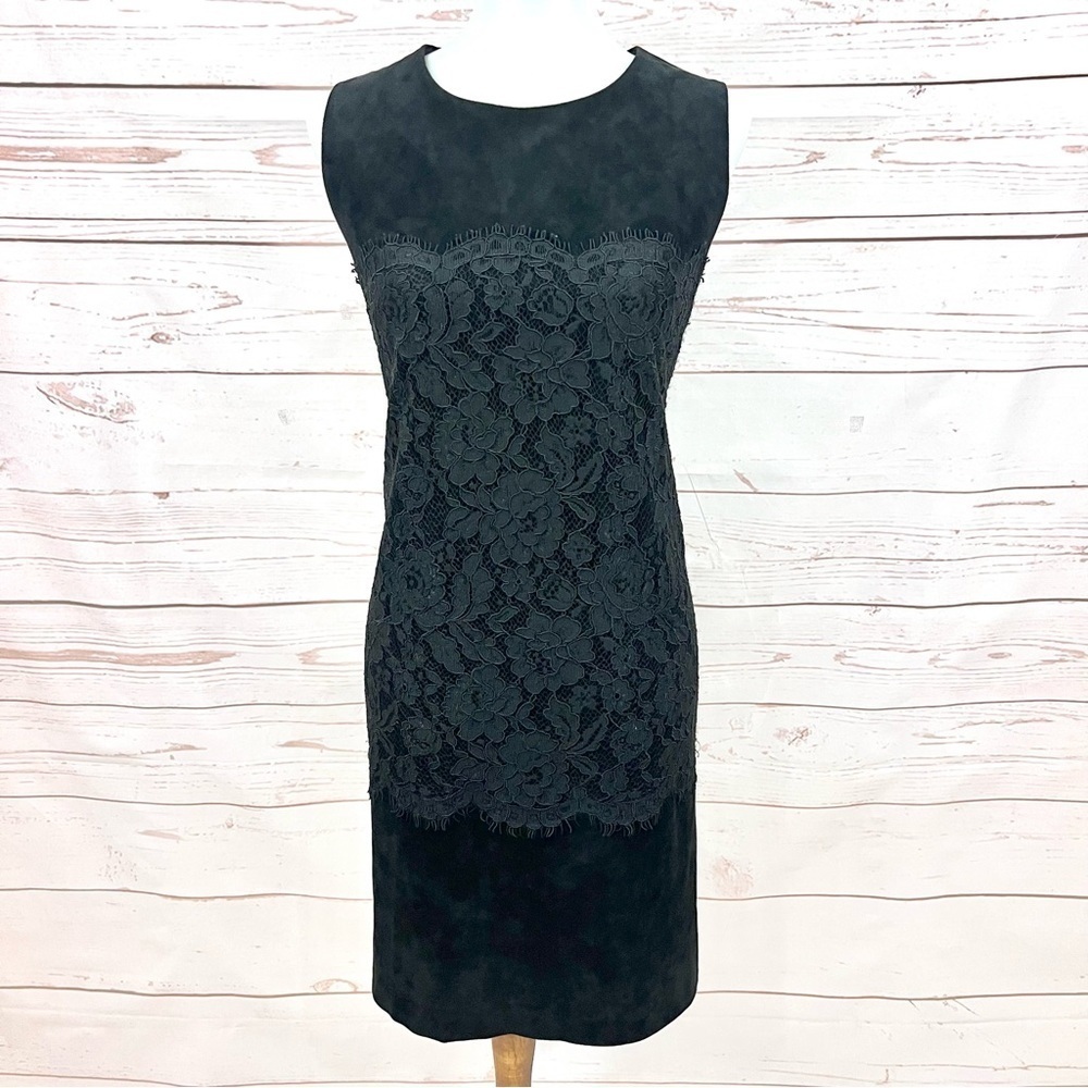 Calvin Klein Faux Suede Leather Floral Lace Sleeveless Stretch Sheath Dress